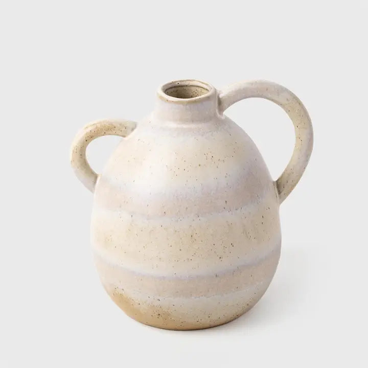 Reactive glaze ceramic handled vase 6.6x5.2x6.5”